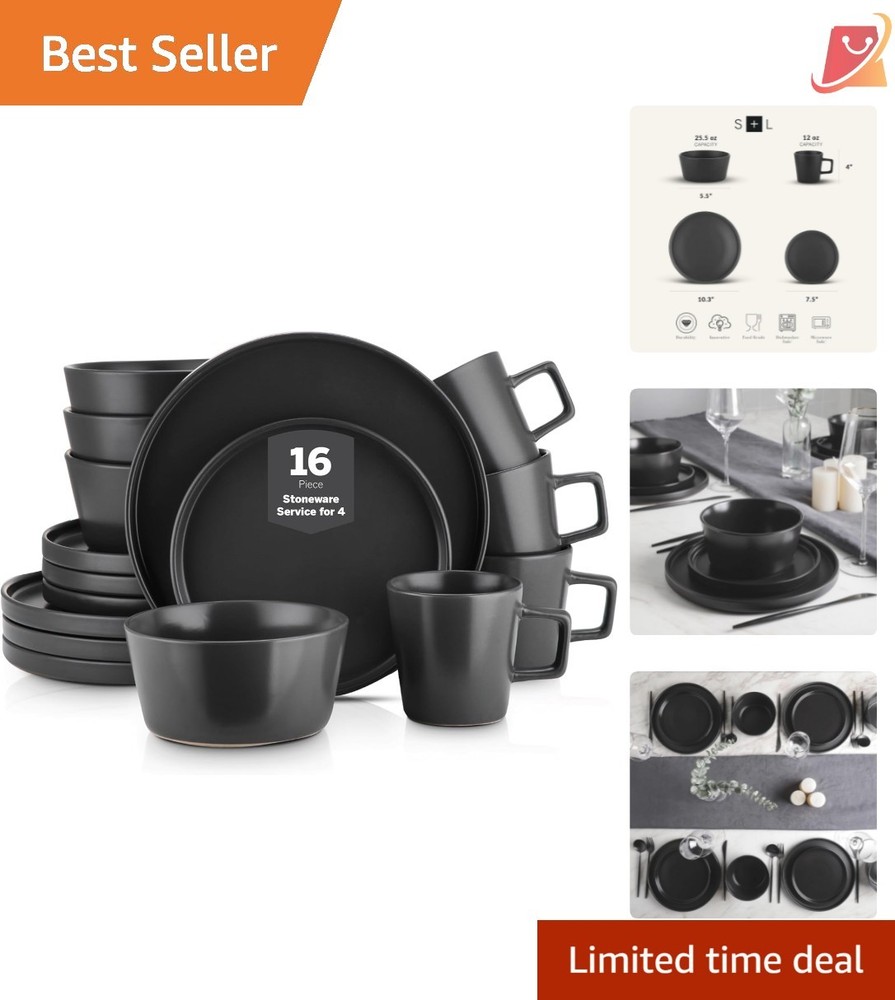 Stoneware Dinnerware Set 16 Pieces Black Matte Service for 4 Dishwasher Safe
