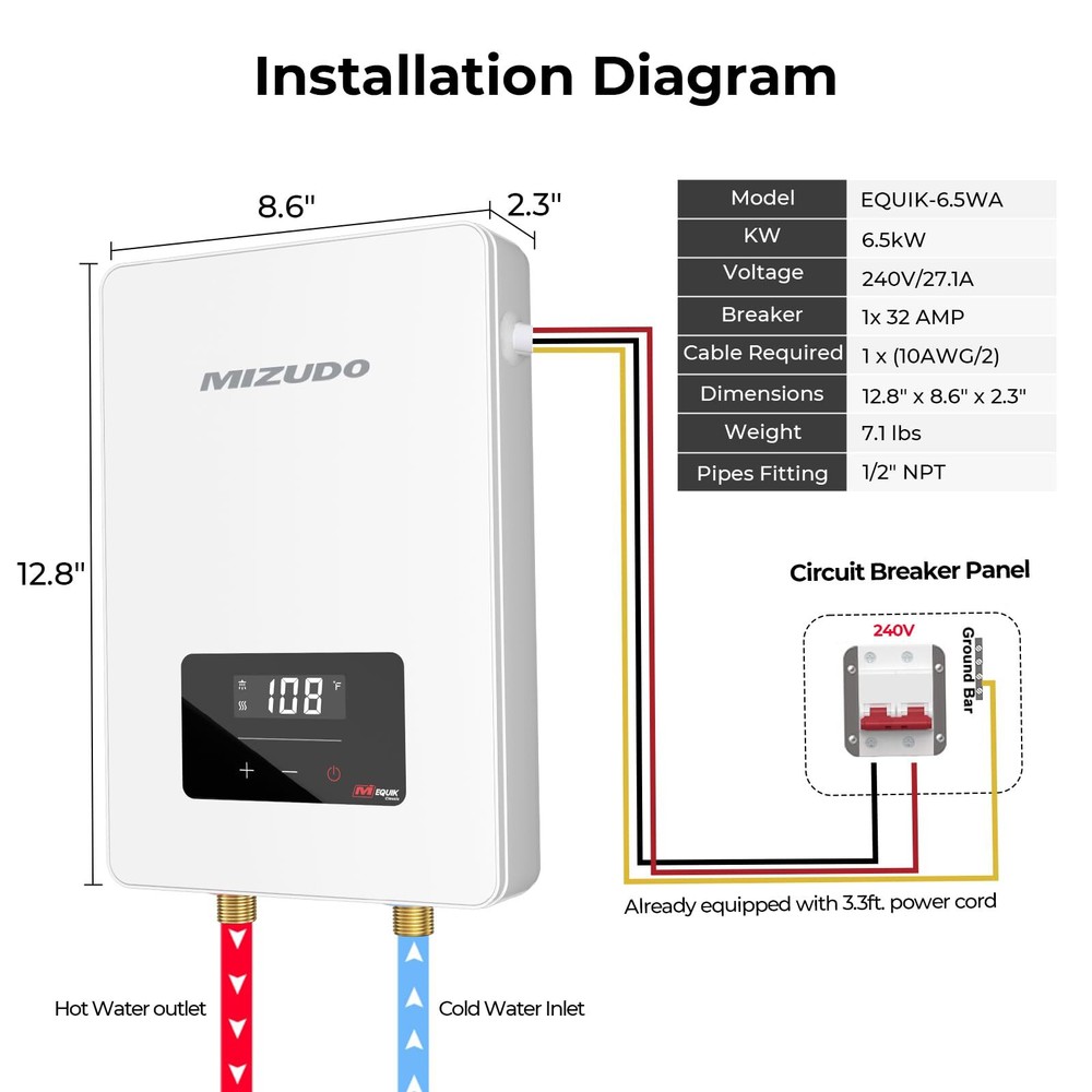 MIZUDO 6.5KW Tankless Instant Hot Water Heater LED Electric Boiler On Demand NEW