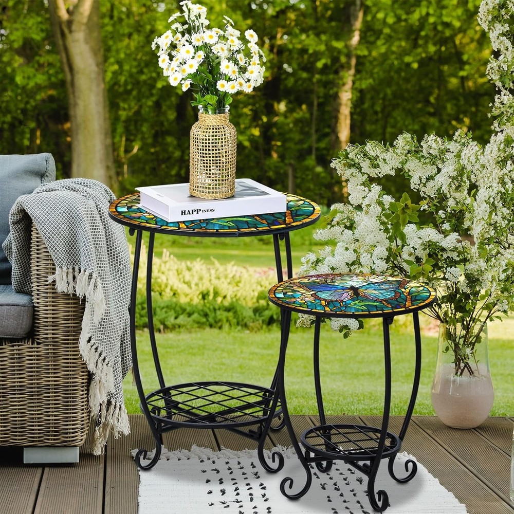 2 Pcs Outdoor Side Table Small Patio Round Mosaic Accent End Table Indoor Pla...