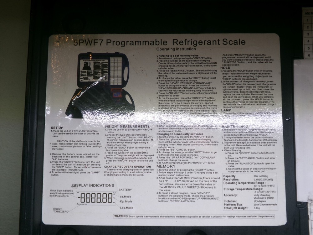 ZORO 5PWF7 PROGRAMMABLE REFRIGERANT SCALE