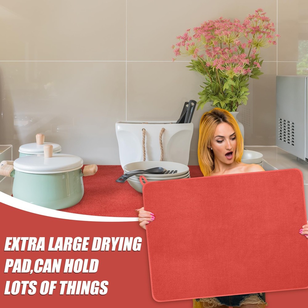 Extra Large Dish Drying Mat 2 Pack 30x24 Inch Red Microfiber Absorbent Pad
