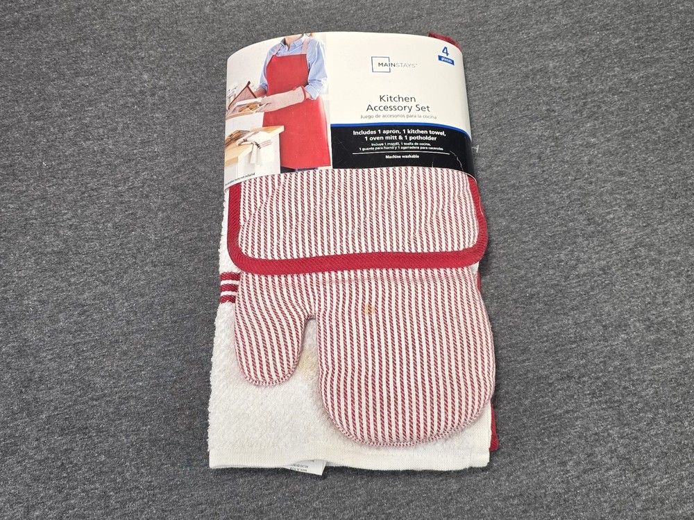Mainstays Kitchen Accessory Set 4 Piece Apron Towel Oven Mitt Potholder Red