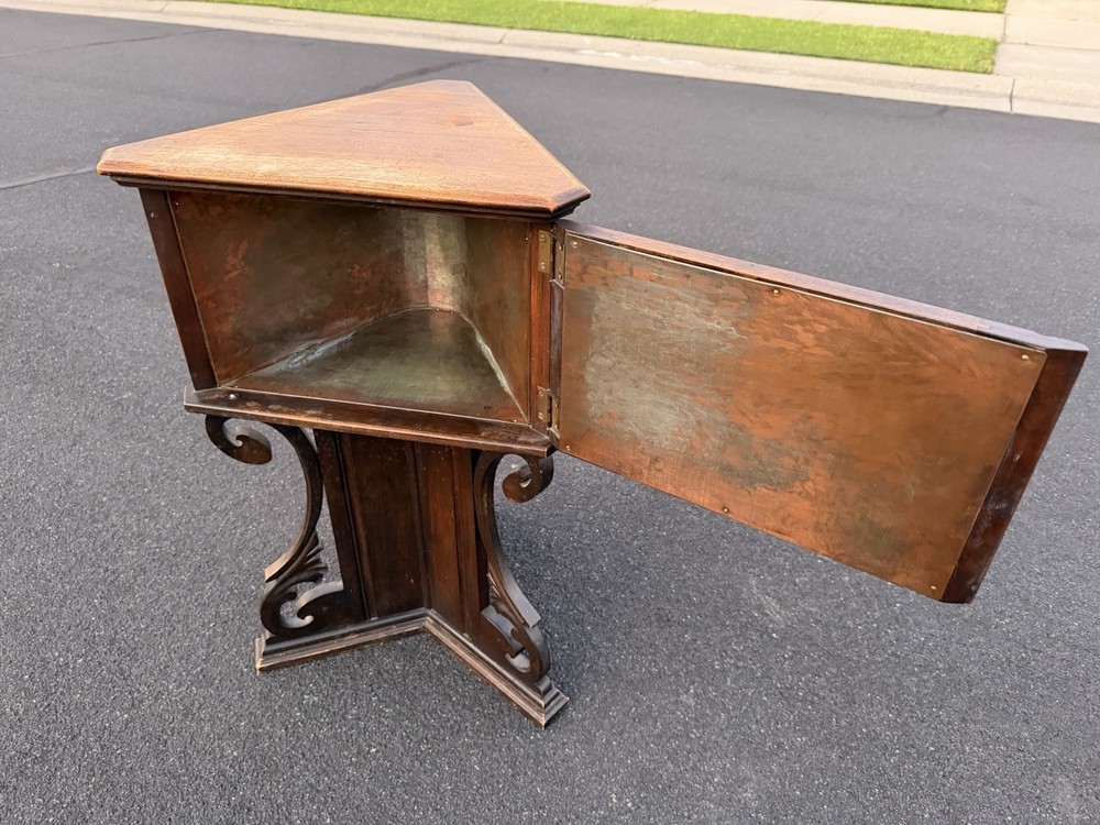 Triangular 1920 American Carved Chairside Table Humidor Smoking Stand Copper
