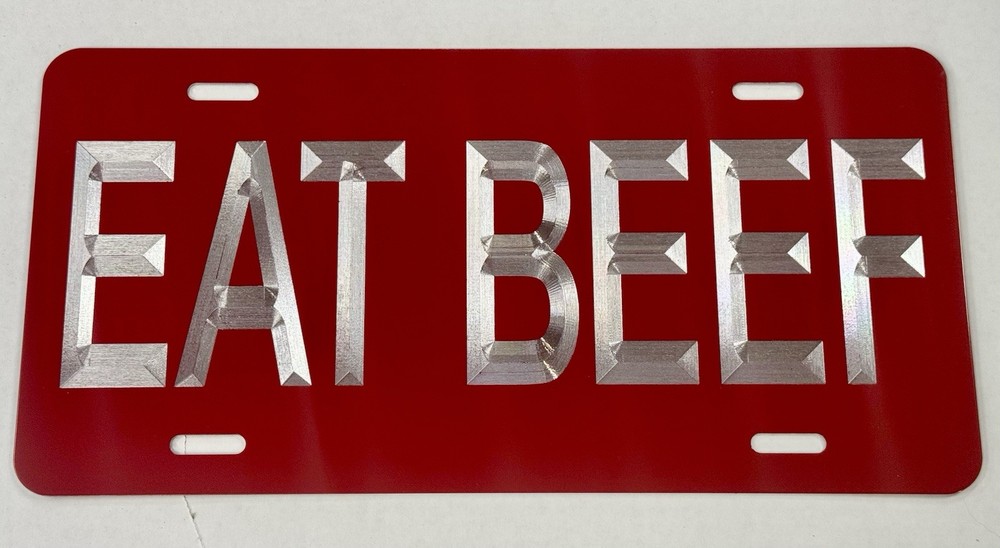🔥REFLECTIVE🔥 Diamond Etched Engraved Eat Beef Red Car Tag Front License Plate