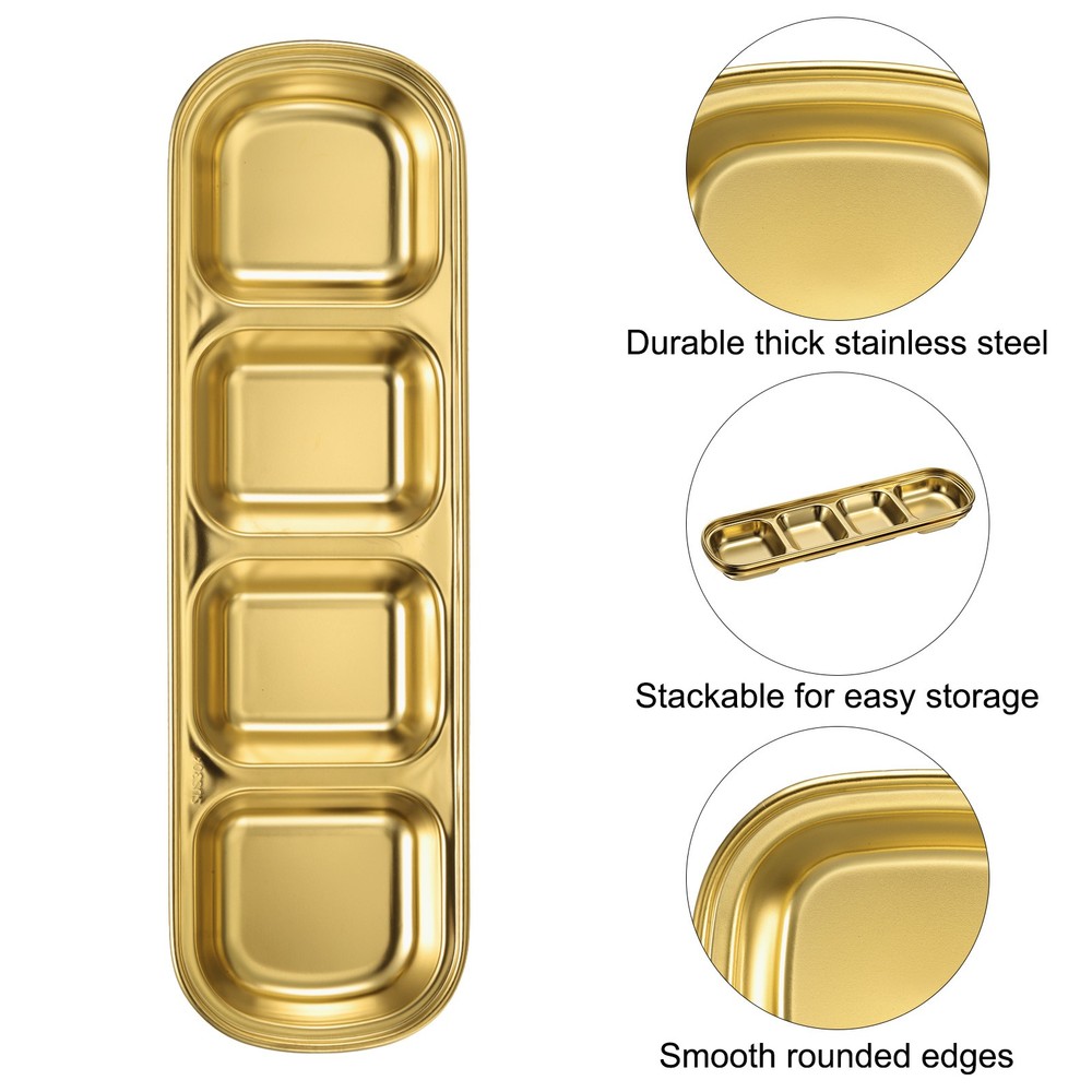 4pcs Metal Dish Dipping with 4 Rectangular Compartment Divided Gold