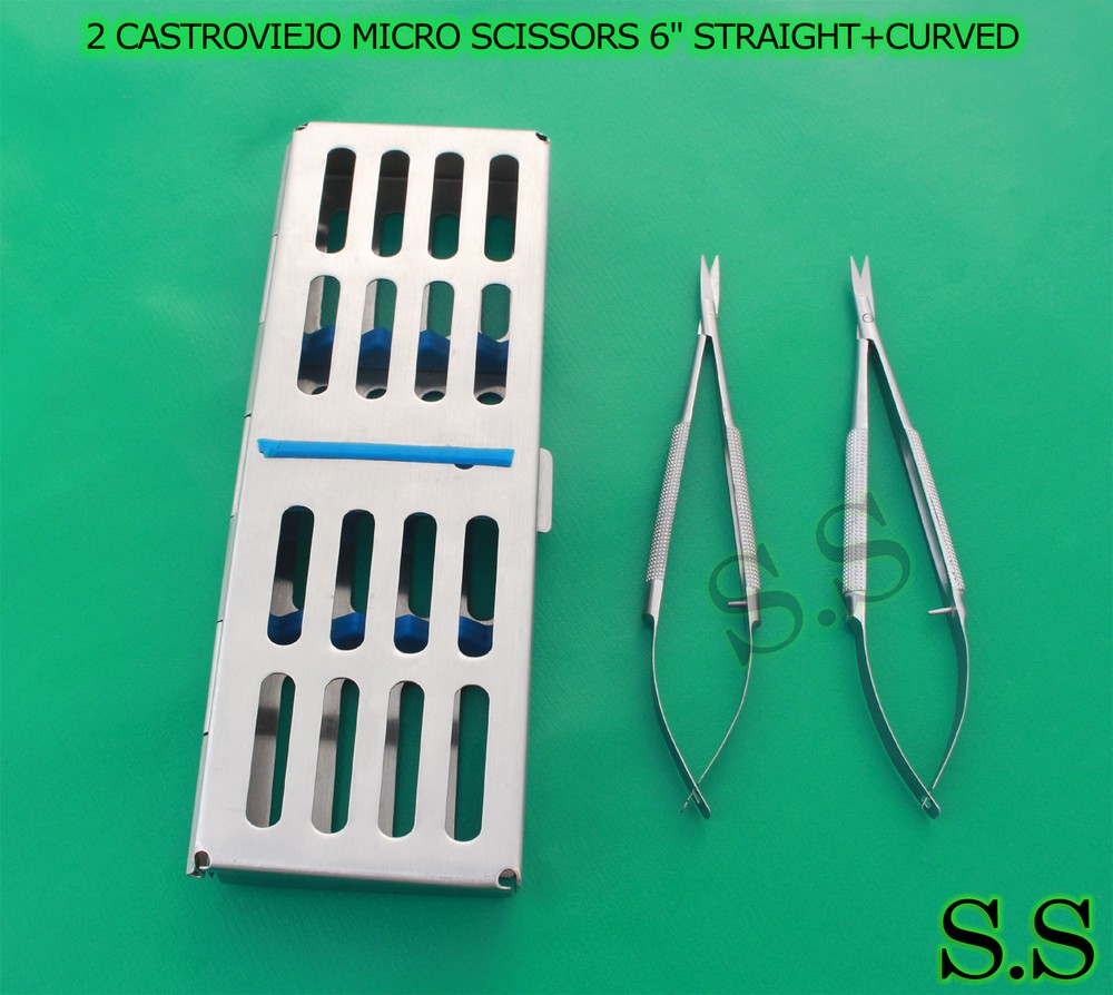 2 CASTROVIEJO MICRO SCISSORS 6" STRAIGHT+CURVED WITH STERILIZATION CASSETTE BOX