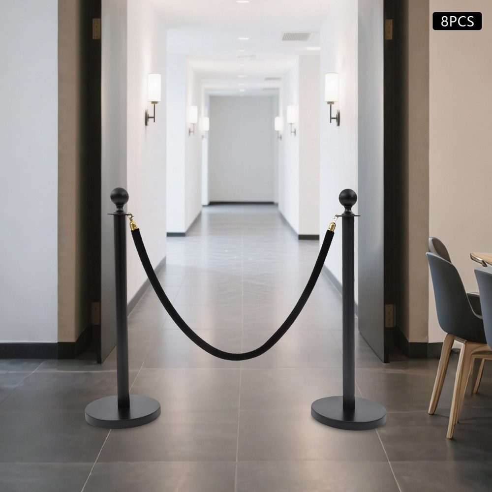 8PCS Black Stanchion Posts Queue Pole with 4 Velvet Ropes Crowd Control Barrier