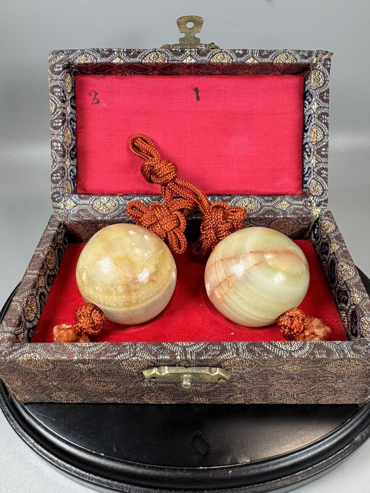 Vintage Onyx Baoding Balls – Rare Stone Style, Red Lined Brocade Box