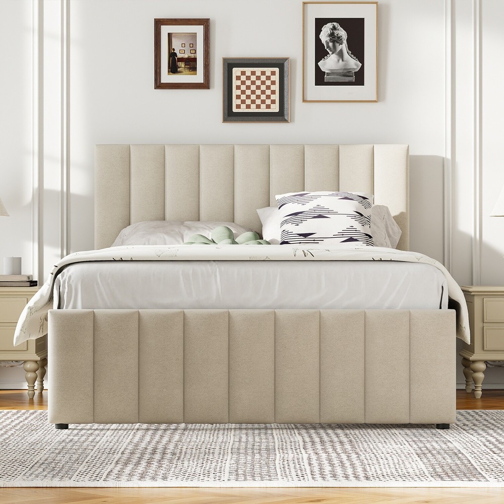 Full Size Bed Frame Upholstered Platform Bed w/ Pull Out Trundle & 3 Drawers