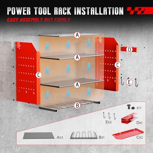 Wall Organizer for Power Tool Storage, Garage Tool Organizer with 4 Red-4tier