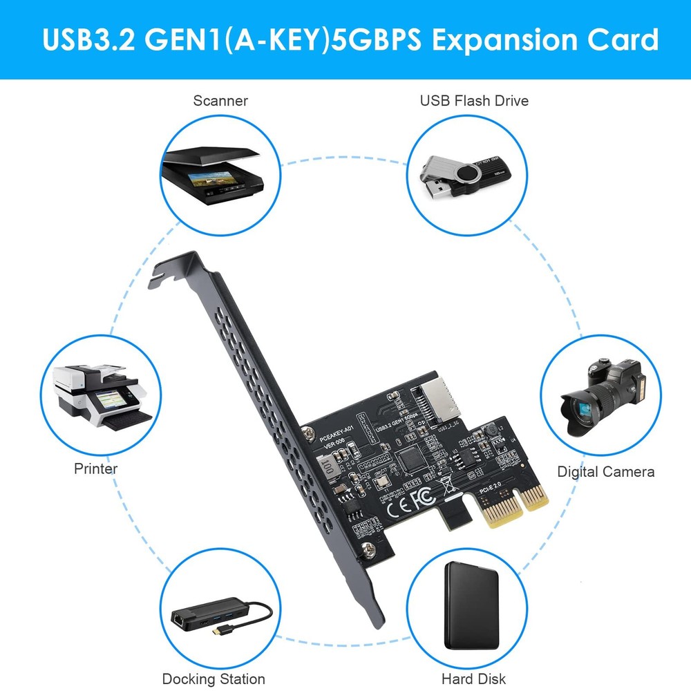 PCI-E 1X to USB 3.2 GEN1 5Gbps Type-E A-Key Expansion CardFront Panel Type-C ...
