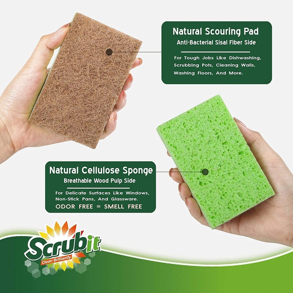 SCRUBIT Natural Sponges - 10 Pack Biodegradable Compostable Cellulose and Coc...