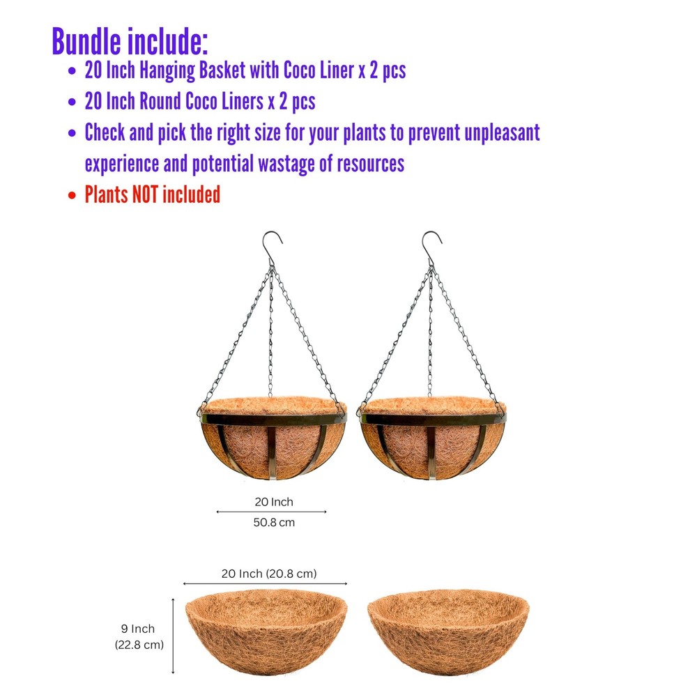 LaLaGreen Bundle- 2 Pack, 20 Inch Hanging Basket with Coco Liner + 2 Pack, 20...