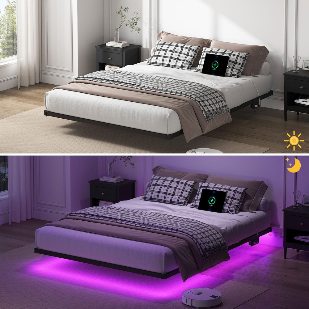 YORMDMO Floating Bed Frame Full Size, Heavy Duty Bedframe with Smart LED Ligh...