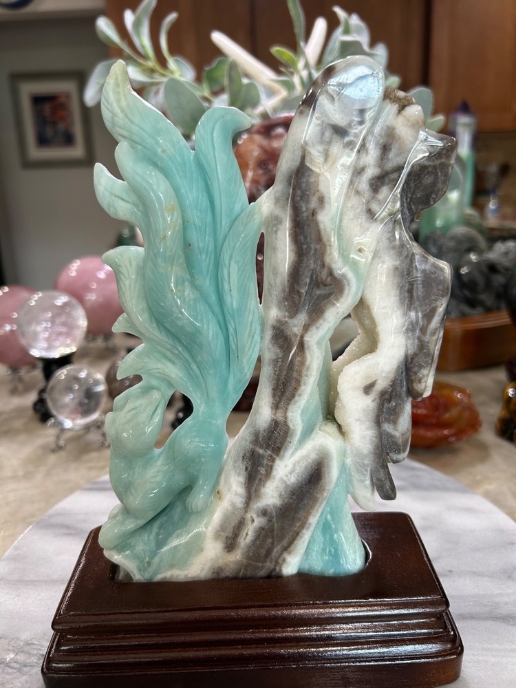 Amazonite 9 tail Fox carving on stand Gorgeous