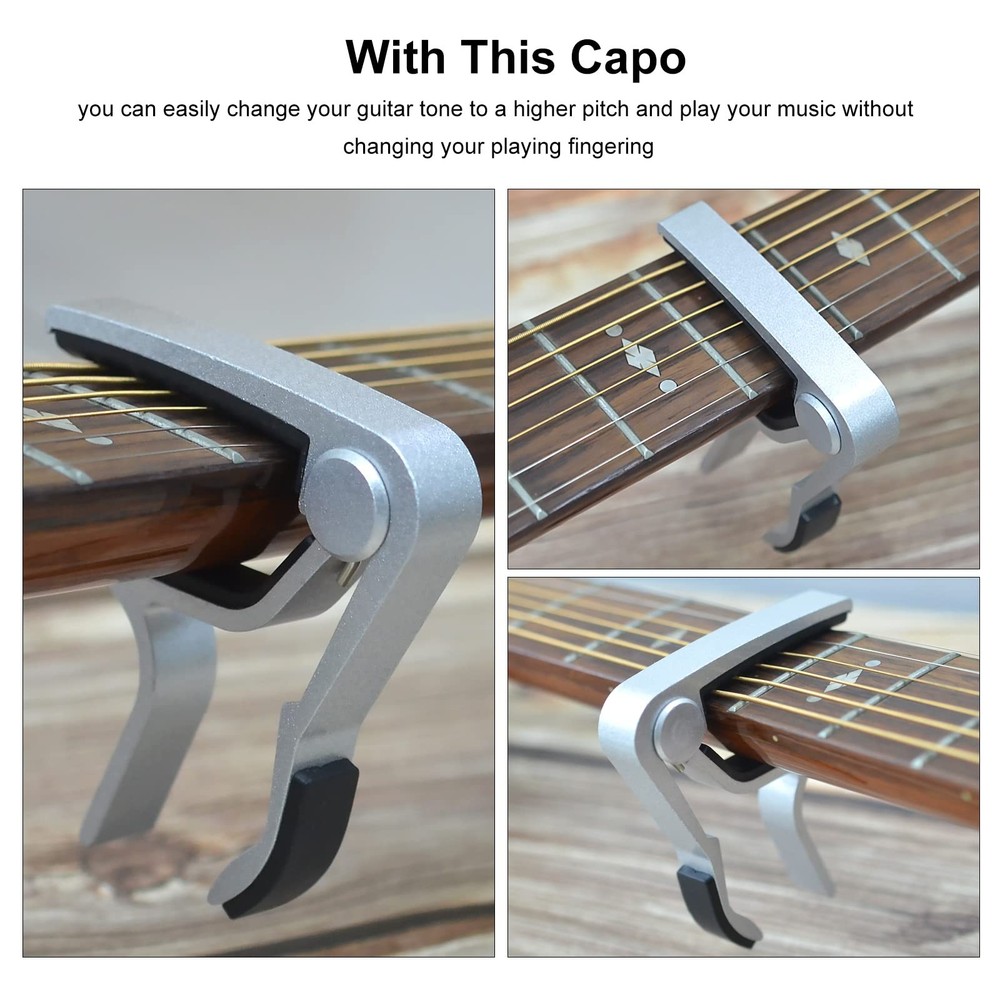 SAPHUE Guitar Capo for 6-String Acoustic and Electric with 2 Picks (silver)