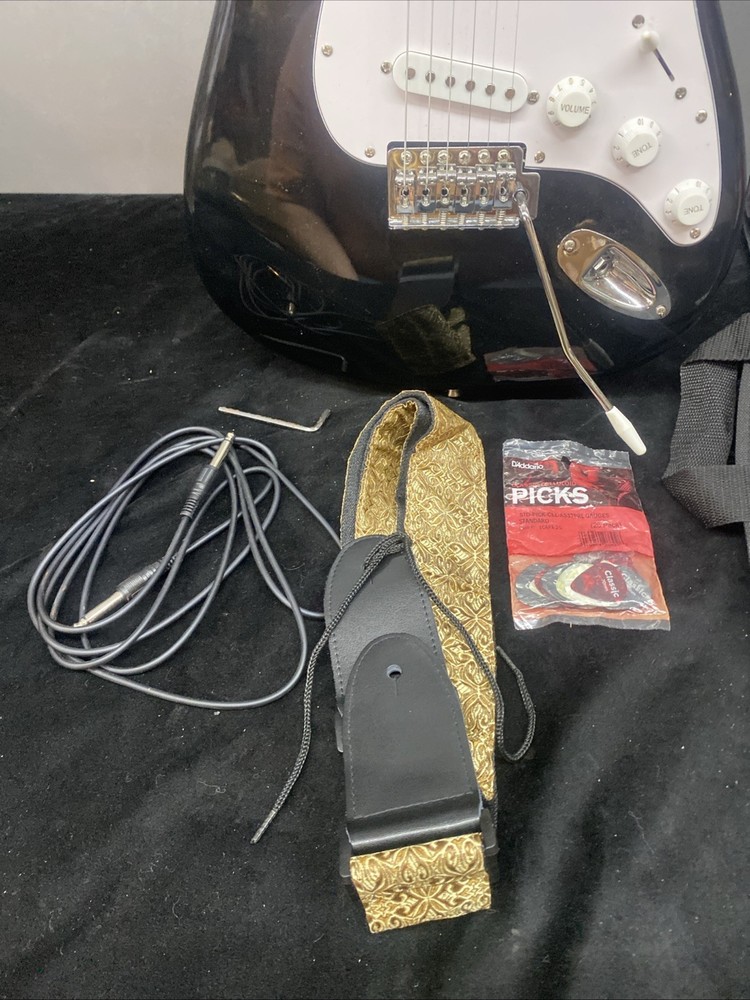 RockJam Full-Size Electric Guitar Starter Kit Picks Case Strap Used Black