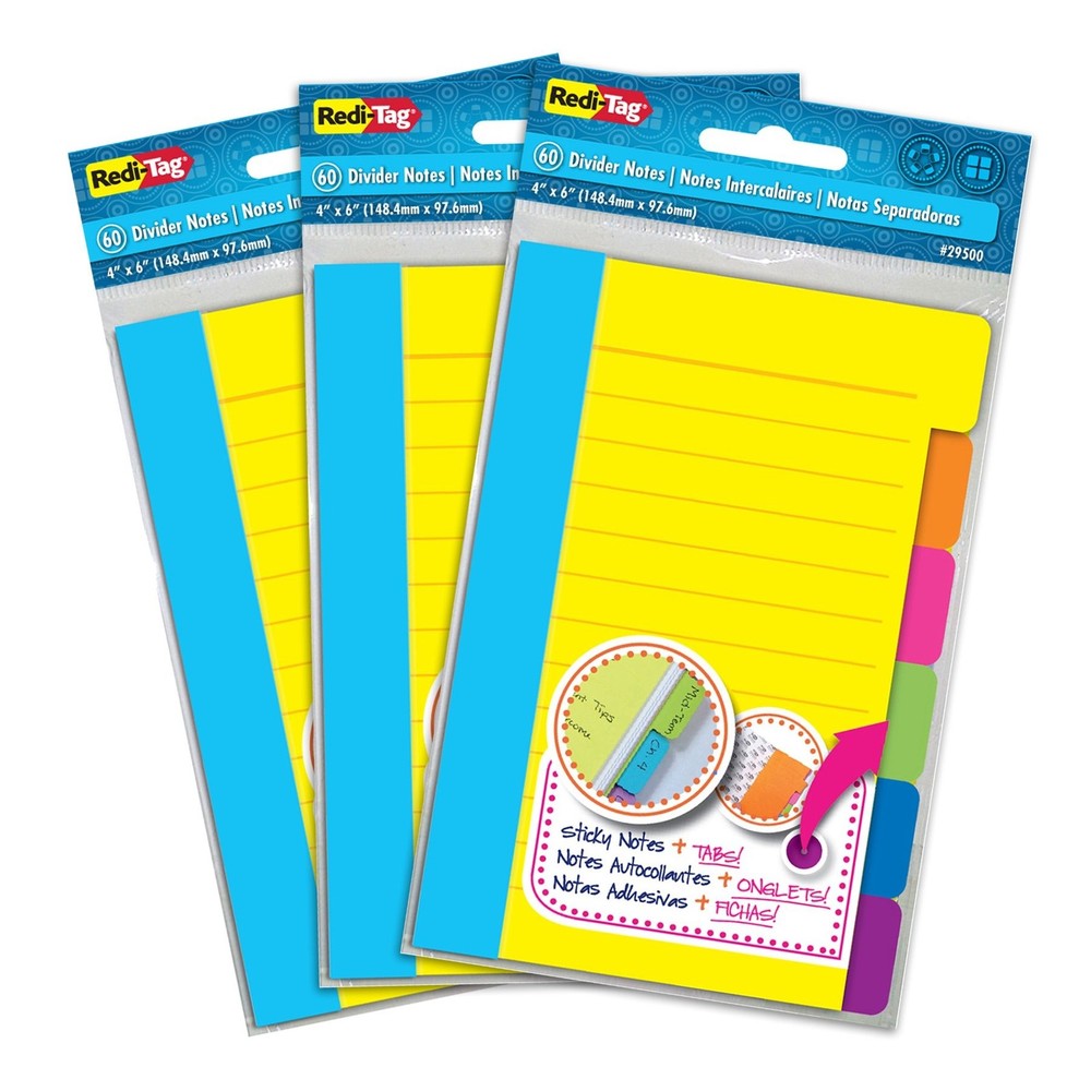 Redi-Tag Divider Sticky Notes, Tabbed Self-Stick Lined Notepads, 180 Ruled No...