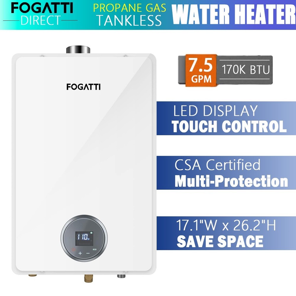 FOGATTI Propane Gas Tankless Water Heater Indoor Installation 7.5GPM 170,000 BTU