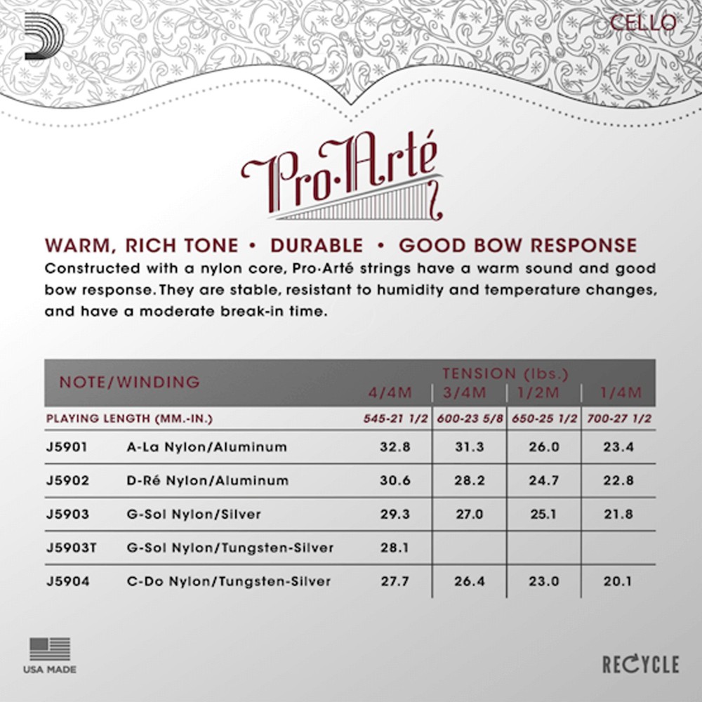 D'Addario Pro-Arte Cello Single G String, 4/4 Scale, Medium Tension Bulk 10-Pack