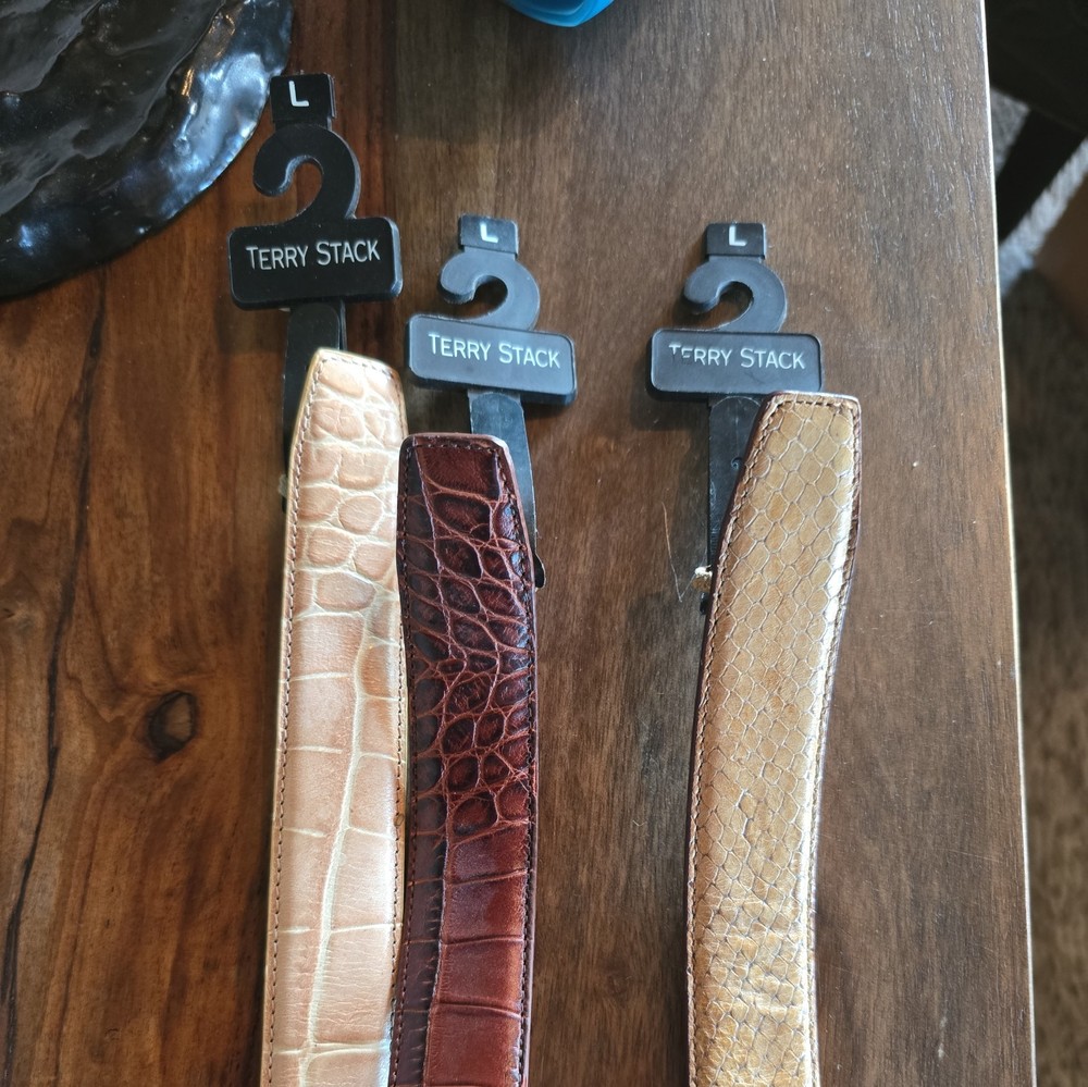 All 3 Terry Stack Belts Snake Skin Pattern Italian Leather Hook Loop Closure.