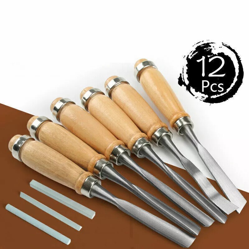 12 Pcs Wood Carving Hand Chisel Tool Set Professional Woodworking Gouges Steel