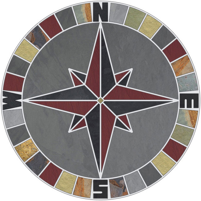 12" Tile Mosaic Medallion Mariners Compass Gray/Multi Slate Backsplash Flooring
