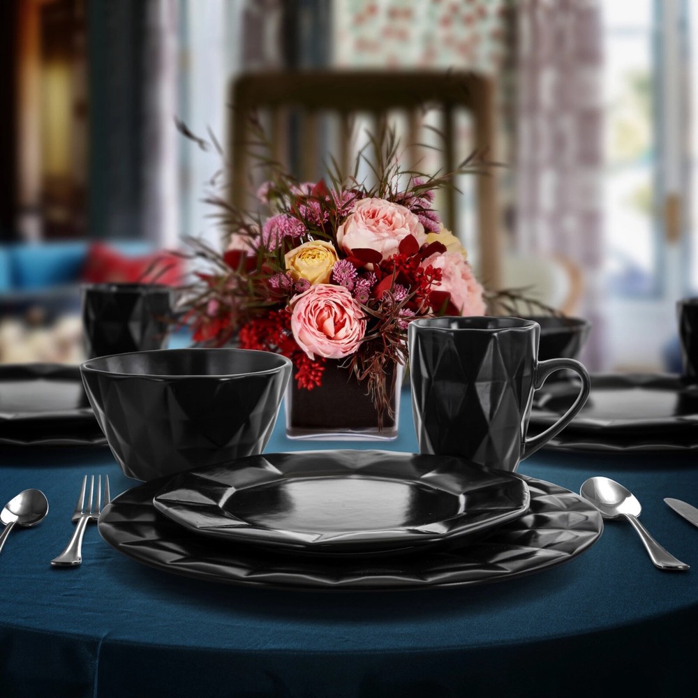 Elama Retro Chic 16 pc Glazed Stoneware Dinnerware Set in Black