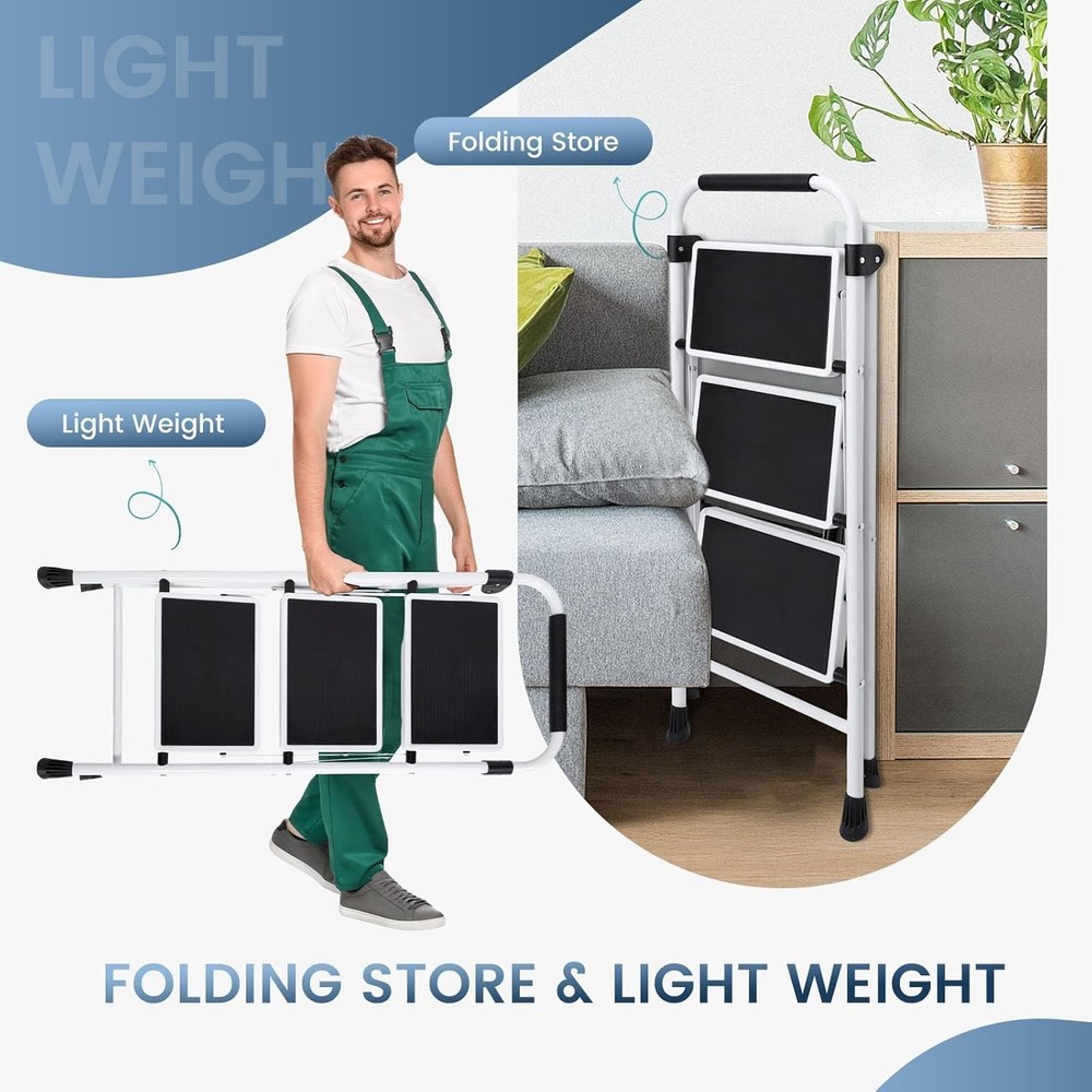 3 Step Ladder, Step Stool Foldable, 800lbs Portable Ladder Black