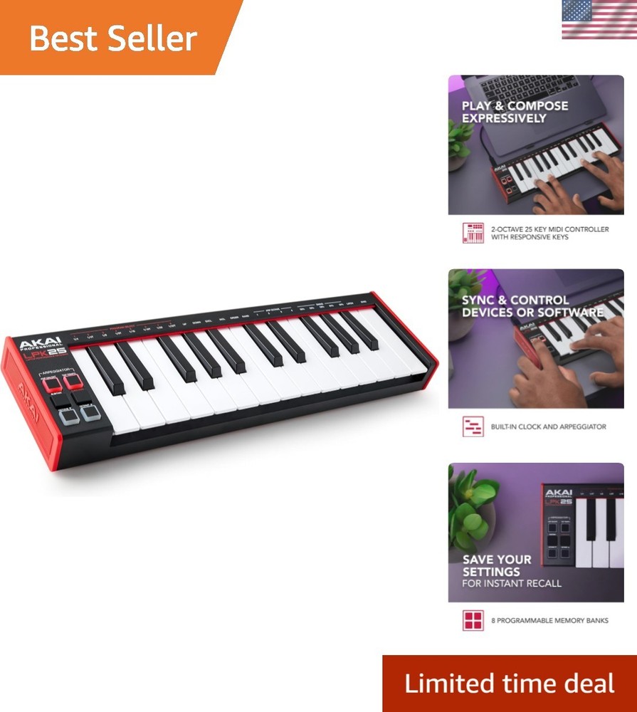 Responsive 25-Key MIDI Keyboard with Arpeggiator & Music Software Support
