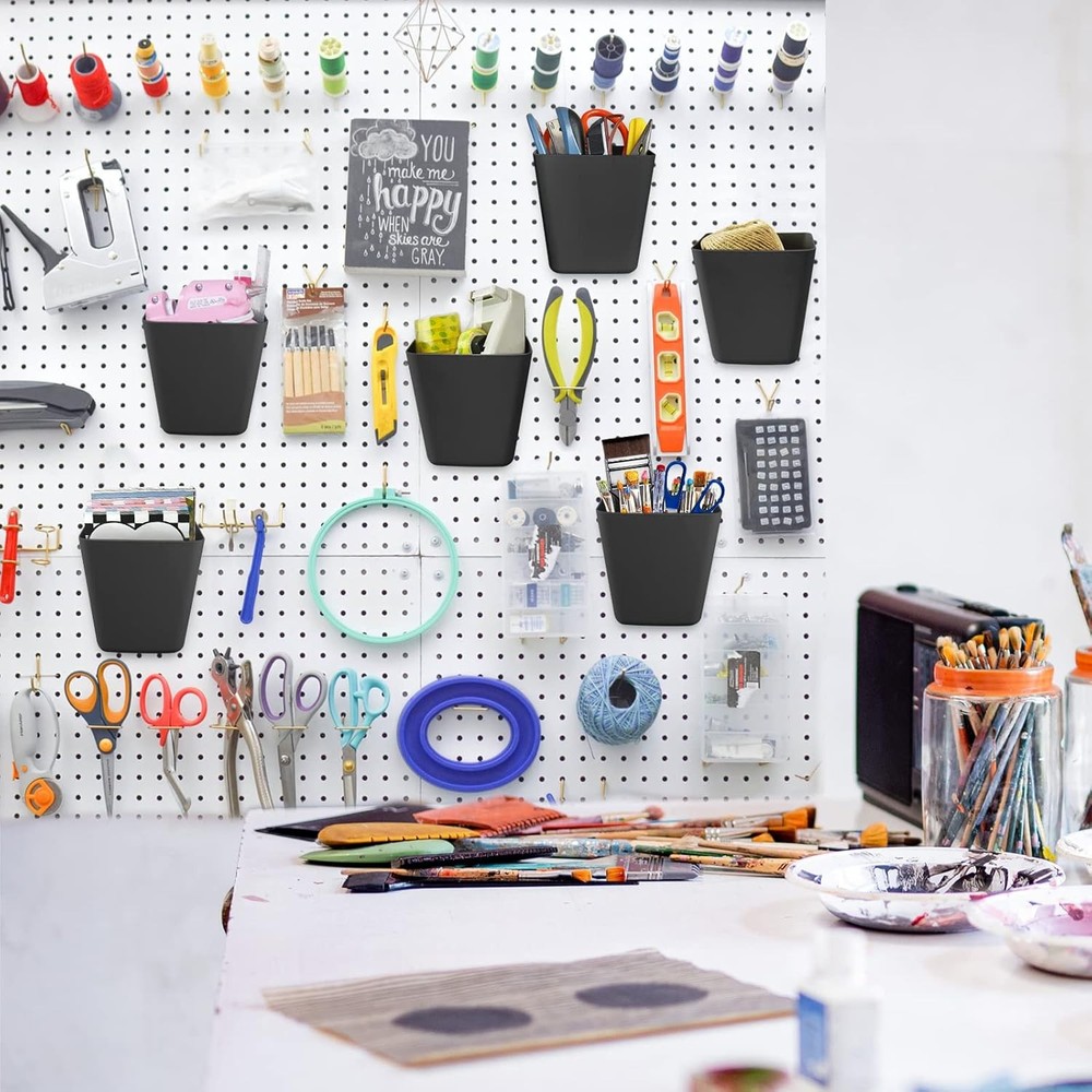 G.CORE Large Pegboard Cups Peg Board Storage Bin 6 Pack with Hooks, Black