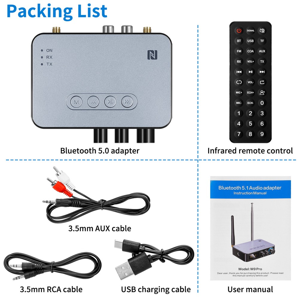 98ft Long Range 5.1 Bluetooth Audio Transmitter Receiver NFC Cordless Adapter