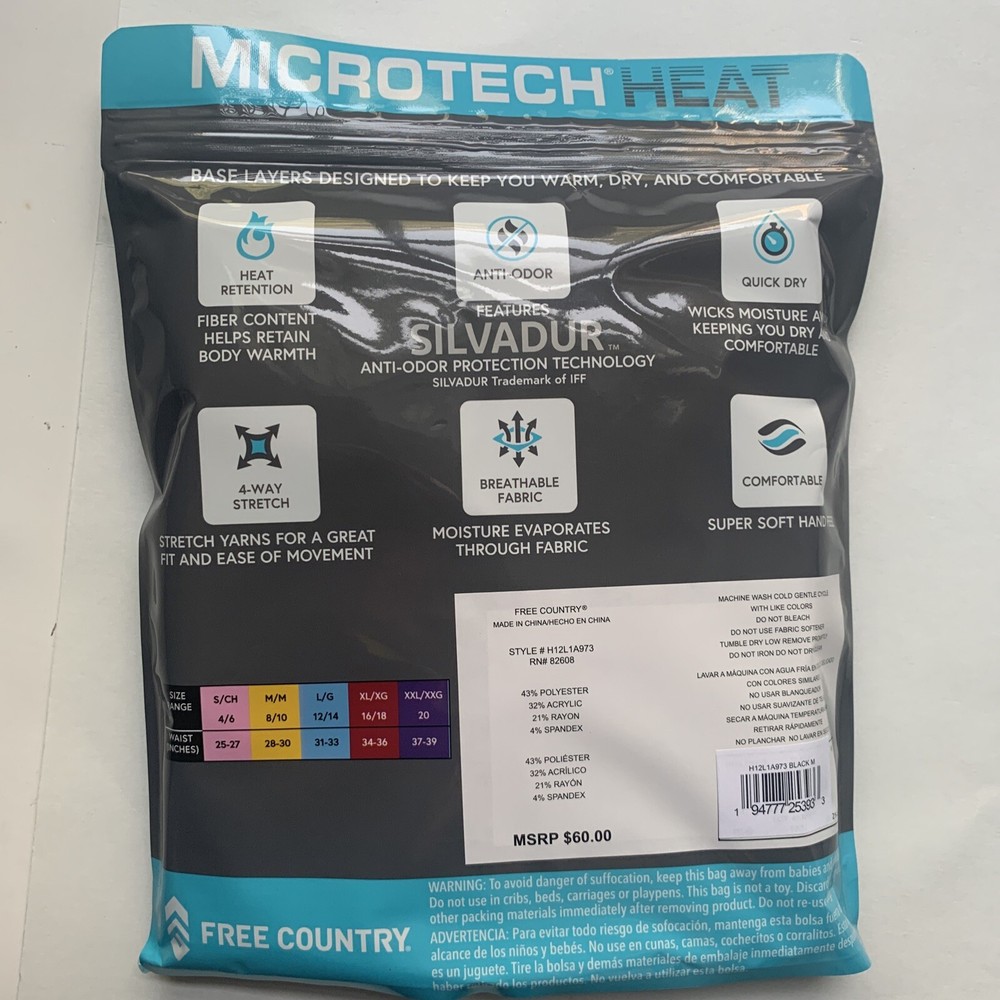 2 Pack FREE COUNTRY MEDIUM Ladies Base Layer Bottom Black Pants Microtech Heat