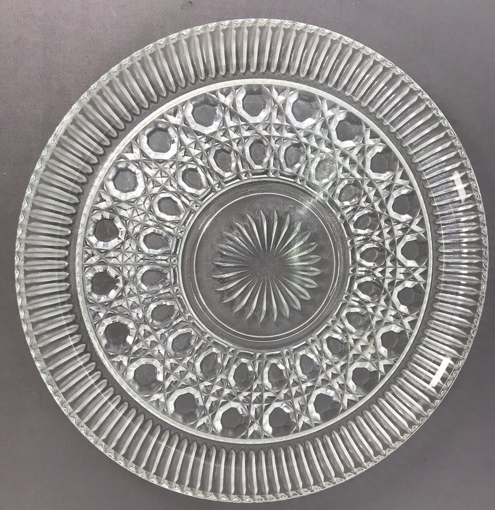 Vintage Pressed Glass Platter Diamond button Pattern 11" Cake Clear Beautiful
