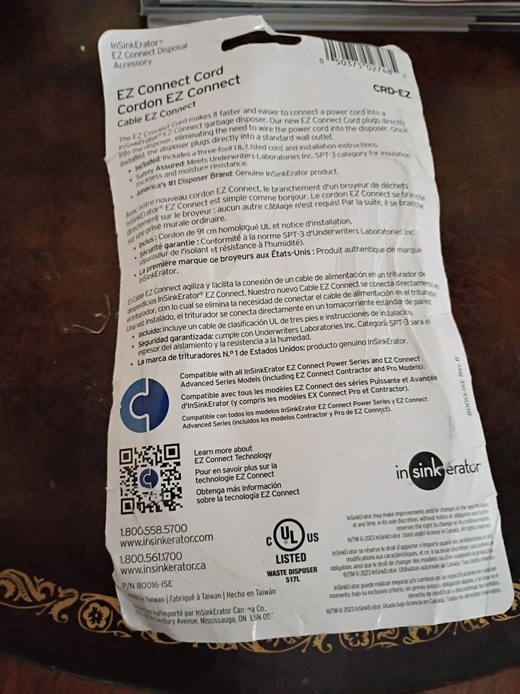 Insinkerator EZ Connect Power Cord Compatible with Continuous Feed Disposers