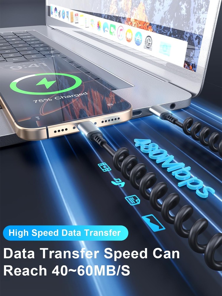 Coiled USB C to C Cable 3FT, 2 Pack Retractable C Black