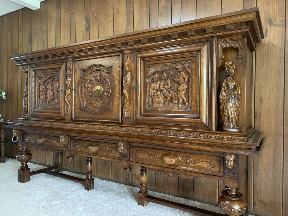 Antique Solid Oak French Gothic sideboard cabinet
