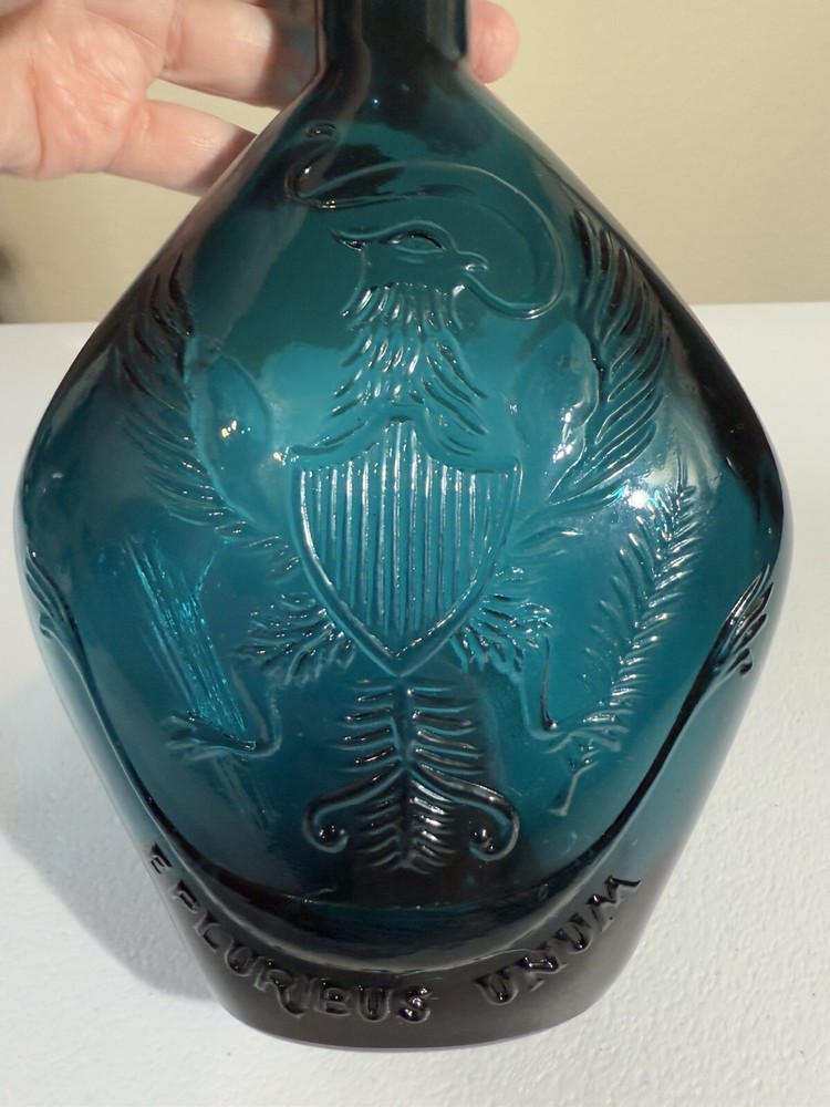 Patriotic Blue Glass Bottle w/Embossed Eagle Shield E Pluribus Unum 9 oz