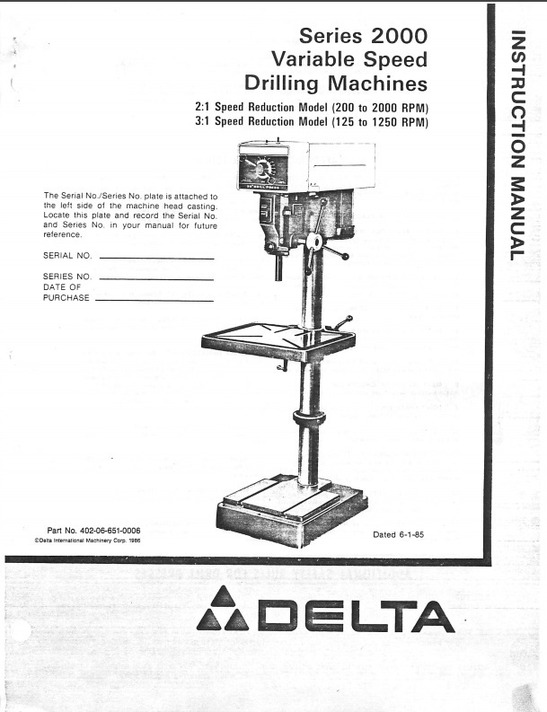 Delta Series 2000 Variable Speed Drilling Machine Instruction Manual PDF