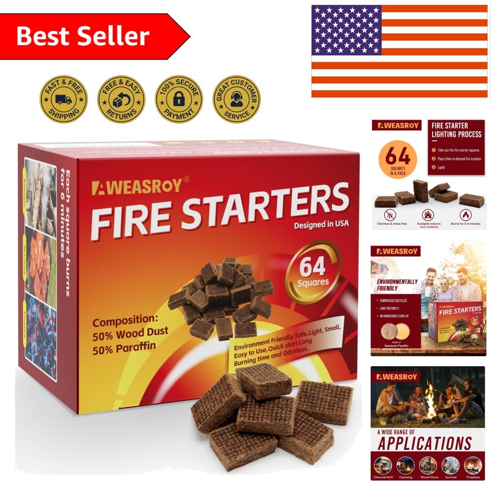 64-Pack Fire Starter Squares - Quick, Safe & Portable Ignition Solution