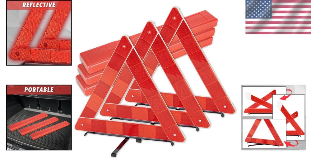 Stay Safe with 3-Pack Reflective Emergency Road Signs – Easy Setup & Storage