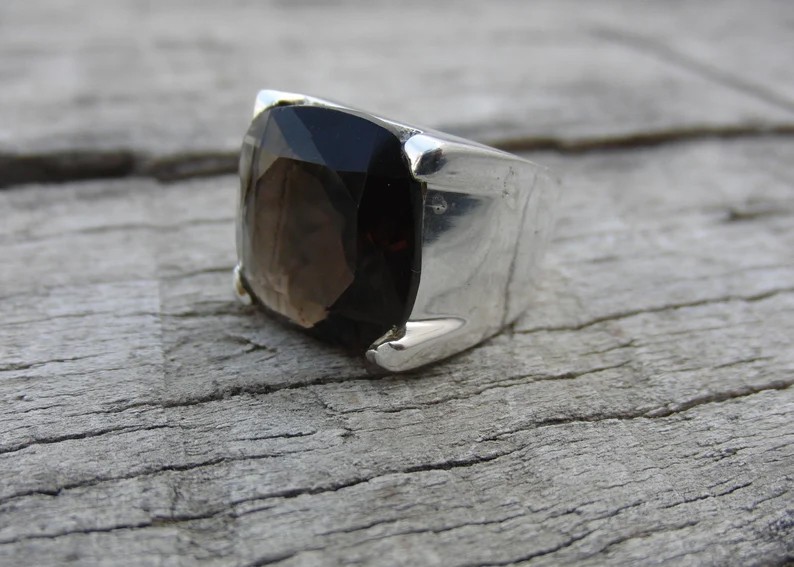 Solid 925 Sterling Silver Natural Smoky Quartz Cushion Cut Stone Statement Ring