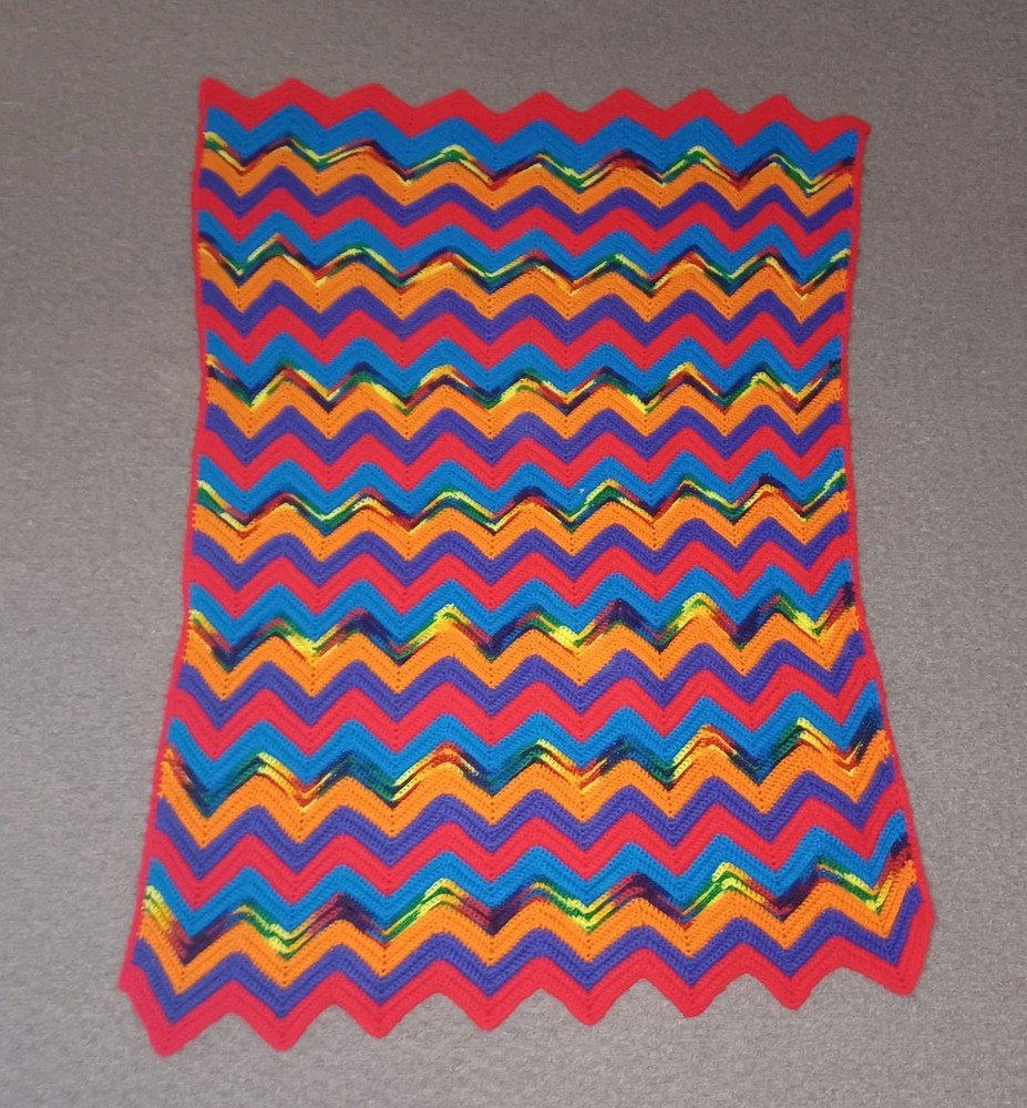 Crochet Afghan Lap Blanket Crazy Rainbow Multicolor 51" x 35"