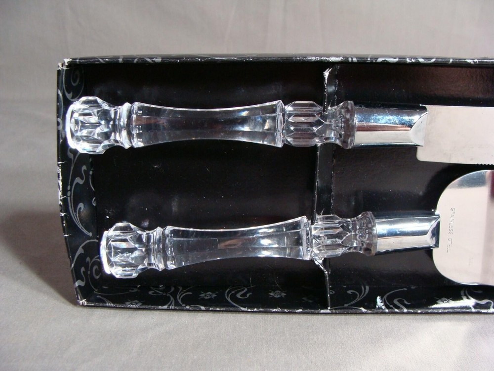 1 WEDDING Cake Knife & 1 Cake Server With Clear Handles