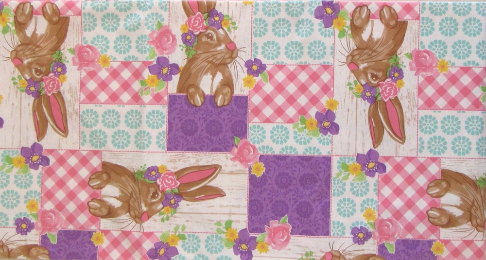 Easter Bunny Floral Patchwork Vinyl Flannel Back Tablecloth Var Size