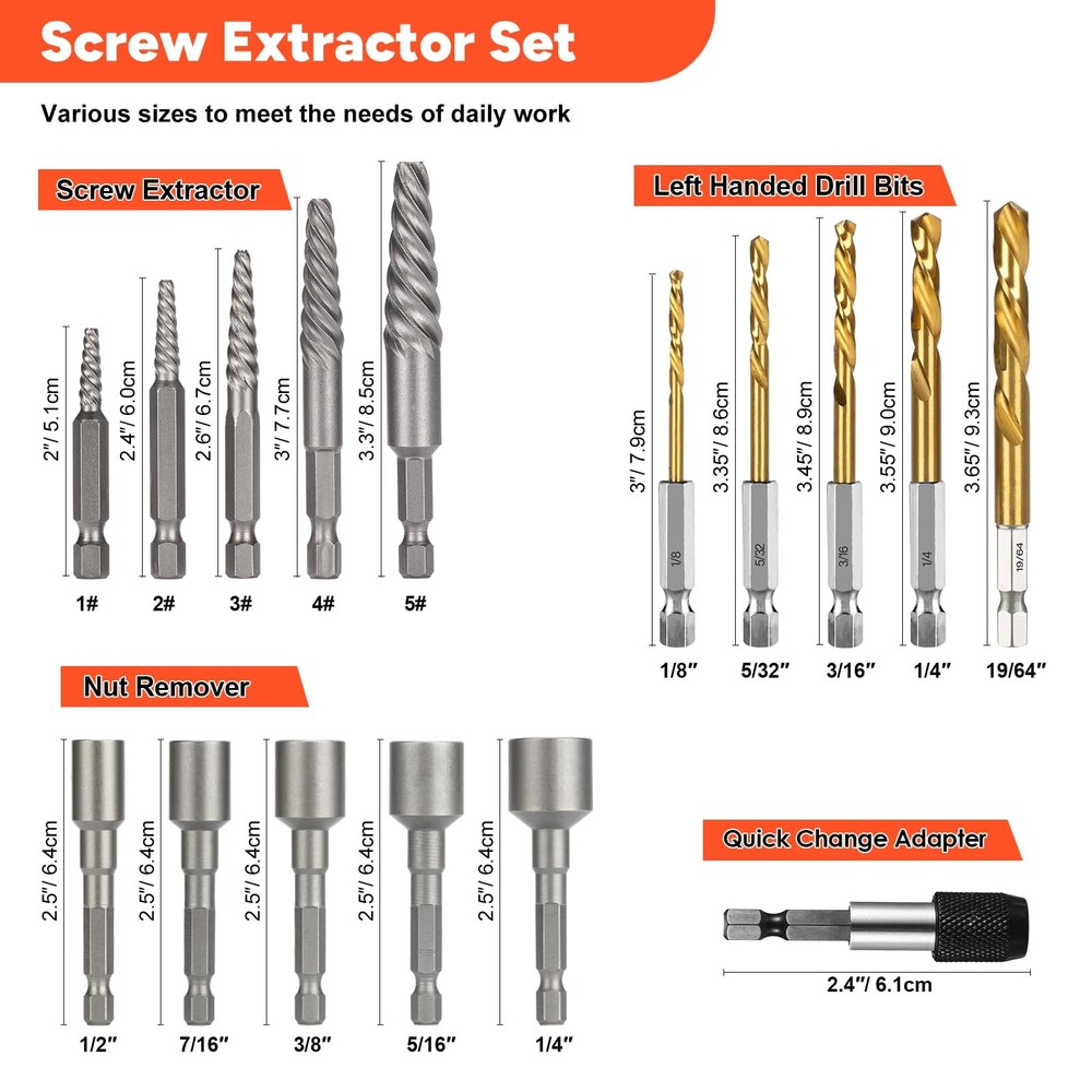 THINKWORK 16pcs Screw Extractor, Spiral Bolt Extractor Kit, Easy 16-pieces