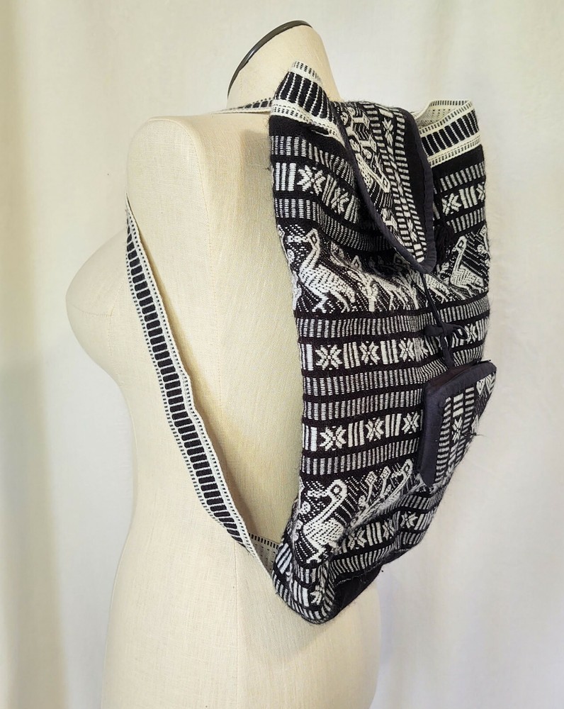 Vtg Soft Backpack Daypack Padded Woven Black/White Lined Boho Ethnic
