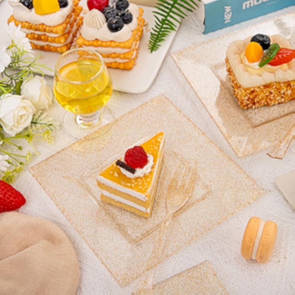 DaYmi Gold Dert Plates Including Appetizer Plates, Plastic Forks,