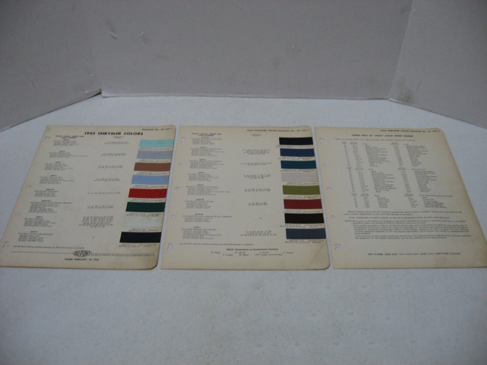 1955 Chrysler Original DuPont 3 Page Paint Color Chip Chart