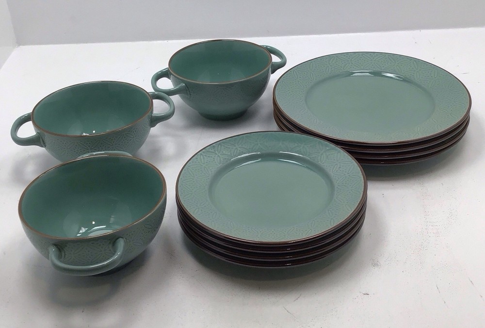 Pfaltzgraff Kori 12 Piece Dinnerware Set with Double Handled Bowl Sage Open Box